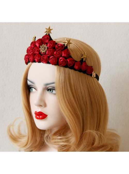 Fashion Christmas Red Rose Stars Garland Show Prom Party Bride Married Big Crown Headband