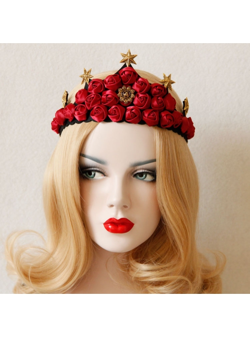 Fashion Christmas Red Rose Stars Garland Show Prom Party Bride Married Big Crown Headband