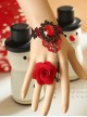 Fashion Retro Bride Red Rose Flower Diamond Black Lace Tassel Female Bracelet With Ring One Chain