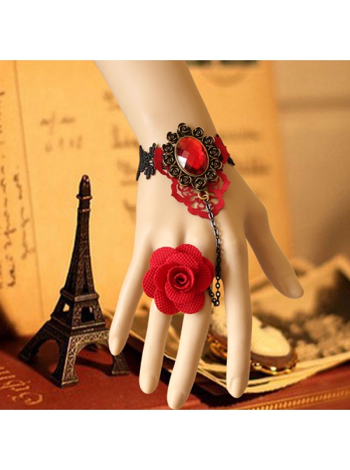 Fashion Retro Bride Red Rose Flower Diamond Black Lace Tassel Female Bracelet With Ring One Chain