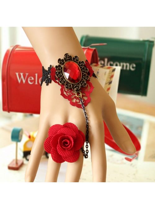 Fashion Retro Bride Red Rose Flower Diamond Black Lace Tassel Female Bracelet With Ring One Chain