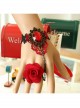 Fashion Retro Bride Red Rose Flower Diamond Black Lace Tassel Female Bracelet With Ring One Chain