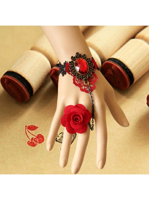 Fashion Retro Bride Red Rose Flower Diamond Black Lace Tassel Female Bracelet With Ring One Chain