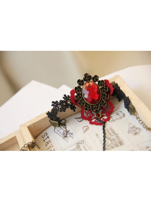 Fashion Retro Bride Red Rose Flower Diamond Black Lace Tassel Female Bracelet With Ring One Chain