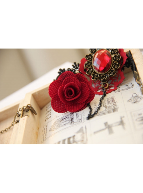 Fashion Retro Bride Red Rose Flower Diamond Black Lace Tassel Female Bracelet With Ring One Chain