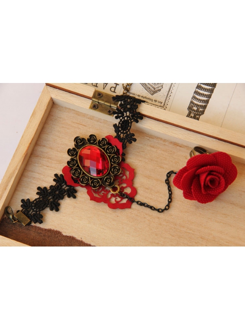 Fashion Retro Bride Red Rose Flower Diamond Black Lace Tassel Female Bracelet With Ring One Chain