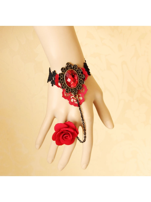 Fashion Retro Bride Red Rose Flower Diamond Black Lace Tassel Female Bracelet With Ring One Chain