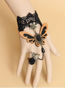 Retro Fashion Butterfly Bride Black Lace Rose Pearl Fabric Creative Bracelet With Ring One Chain