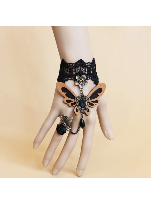 Retro Fashion Butterfly Bride Black Lace Rose Pearl Fabric Creative Bracelet With Ring One Chain