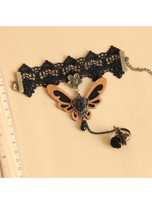 Retro Fashion Butterfly Bride Black Lace Rose Pearl Fabric Creative Bracelet With Ring One Chain