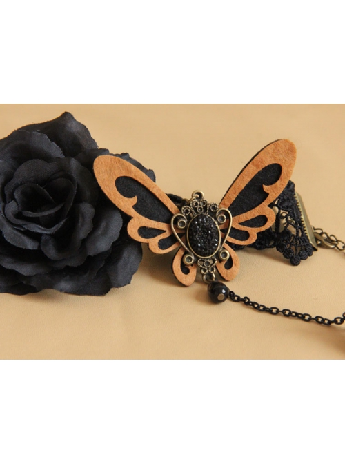 Retro Fashion Butterfly Bride Black Lace Rose Pearl Fabric Creative Bracelet With Ring One Chain