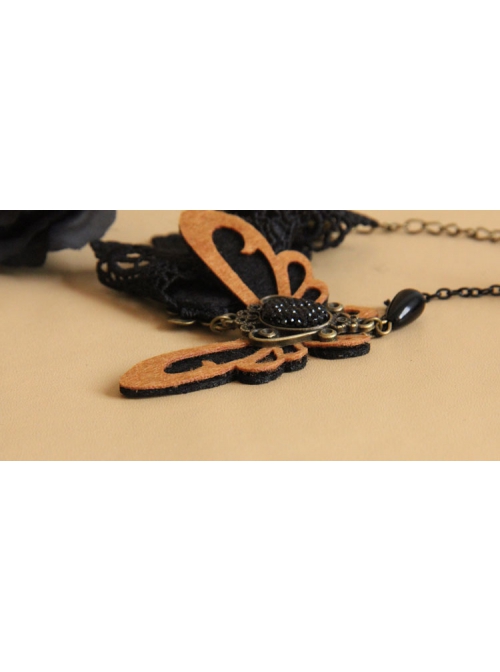 Retro Fashion Butterfly Bride Black Lace Rose Pearl Fabric Creative Bracelet With Ring One Chain