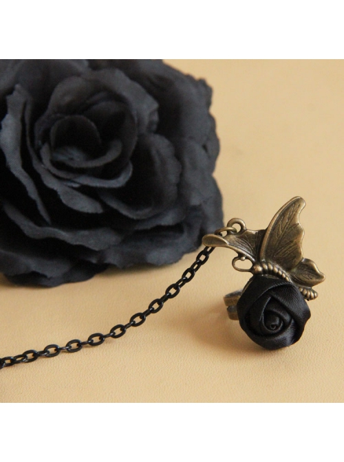 Retro Fashion Butterfly Bride Black Lace Rose Pearl Fabric Creative Bracelet With Ring One Chain