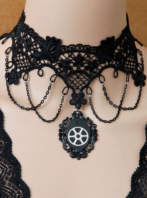 Retro Fashion Sexy Halloween Gothic Steam Punk Black Gear Lace Tassel Female Choker