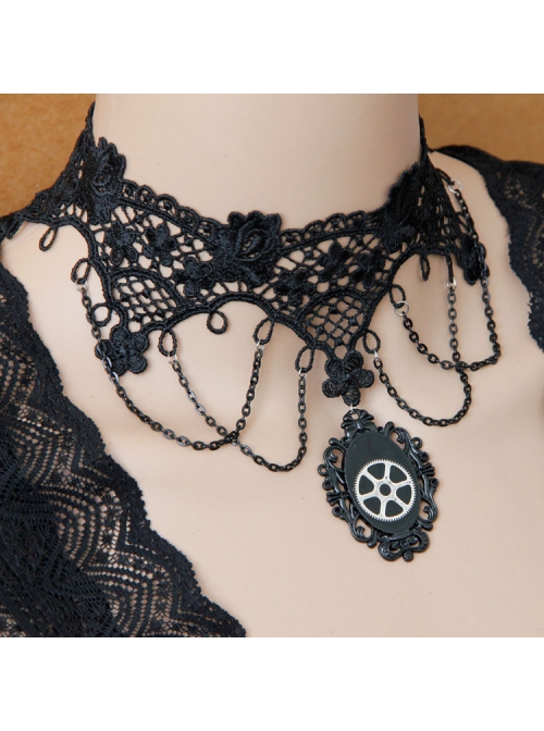 Retro Fashion Sexy Halloween Gothic Steam Punk Black Gear Lace Tassel Female Choker