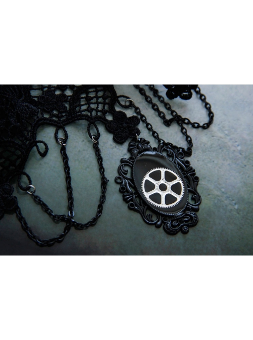 Retro Fashion Sexy Halloween Gothic Steam Punk Black Gear Lace Tassel Female Choker