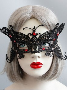 Retro Fashion Gothic Halloween Black Lace Butterfly Ruby Masquerade Party Female Mask