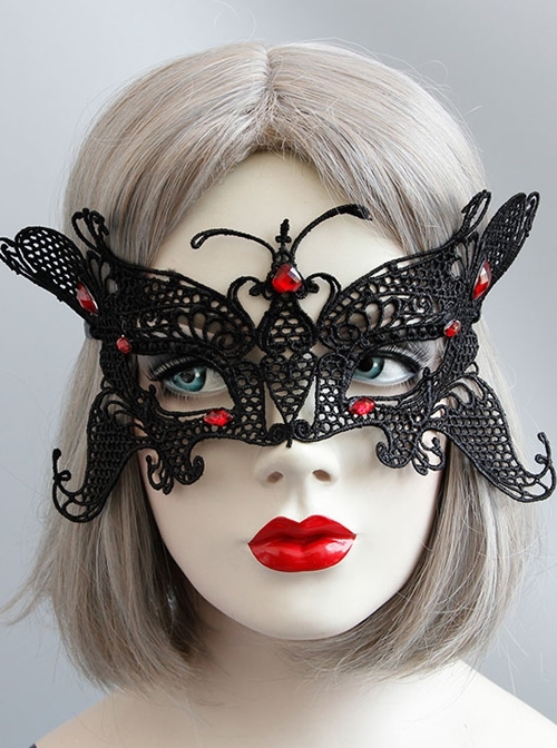 Retro Fashion Gothic Halloween Black Lace Butterfly Ruby Masquerade Party Female Mask