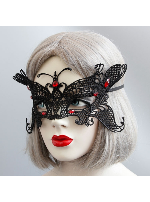 Retro Fashion Gothic Halloween Black Lace Butterfly Ruby Masquerade Party Female Mask