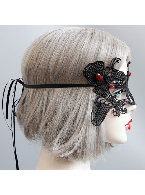 Retro Fashion Gothic Halloween Black Lace Butterfly Ruby Masquerade Party Female Mask