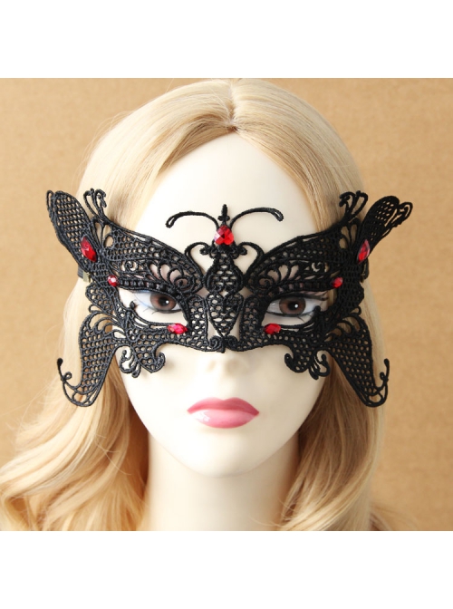 Retro Fashion Gothic Halloween Black Lace Butterfly Ruby Masquerade Party Female Mask