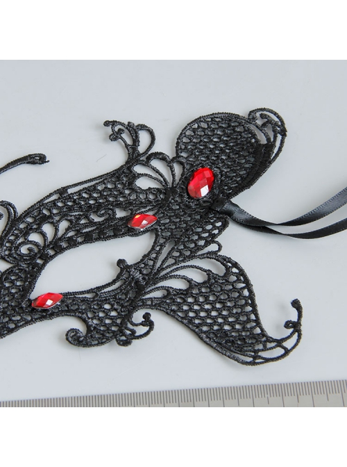 Retro Fashion Gothic Halloween Black Lace Butterfly Ruby Masquerade Party Female Mask