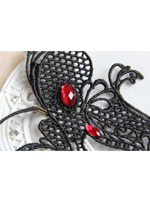 Retro Fashion Gothic Halloween Black Lace Butterfly Ruby Masquerade Party Female Mask