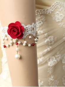 Fashion Retro Bride White Lace Pearl Red Rose Wedding Dress Female Armband