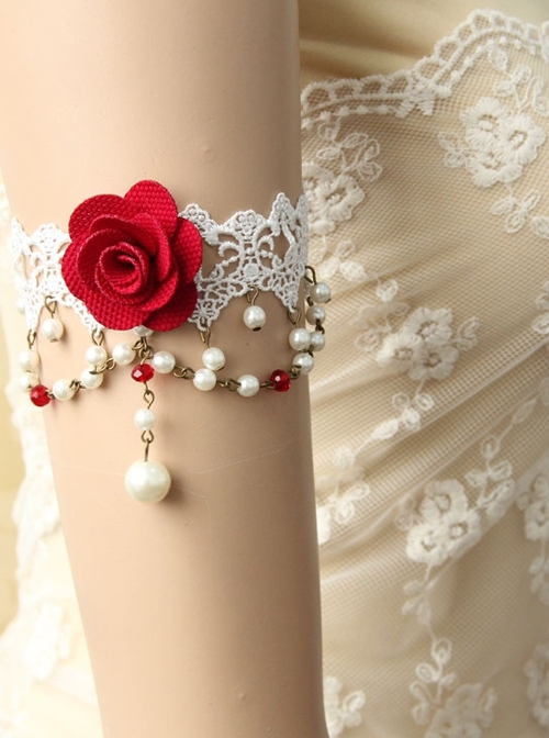Fashion Retro Bride White Lace Pearl Red Rose Wedding Dress Female Armband