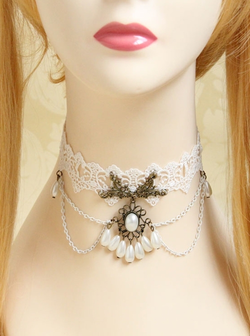 Fashion Elegant Personality Lady White Lace Pearl Tassel Retro Female Collar