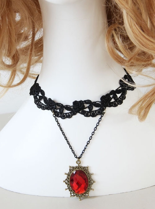 Retro Gothic Sexy Simple Female Fashion Ruby Black Lace Tassel Choker