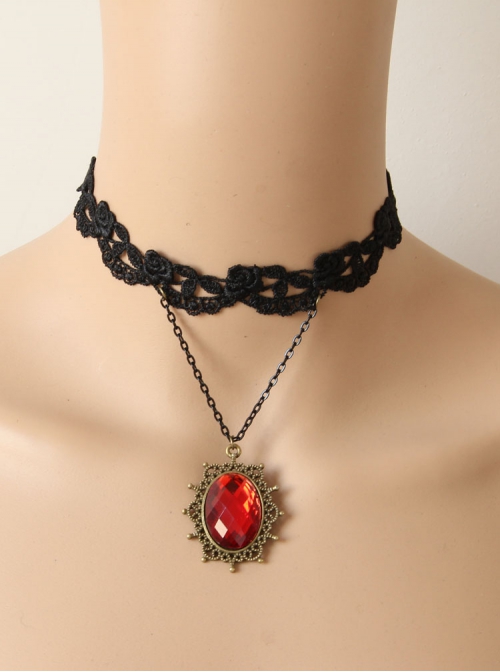 Retro Gothic Sexy Simple Female Fashion Ruby Black Lace Tassel Choker