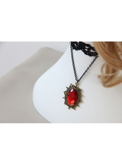 Retro Gothic Sexy Simple Female Fashion Ruby Black Lace Tassel Choker