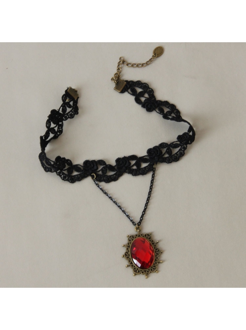 Retro Gothic Sexy Simple Female Fashion Ruby Black Lace Tassel Choker
