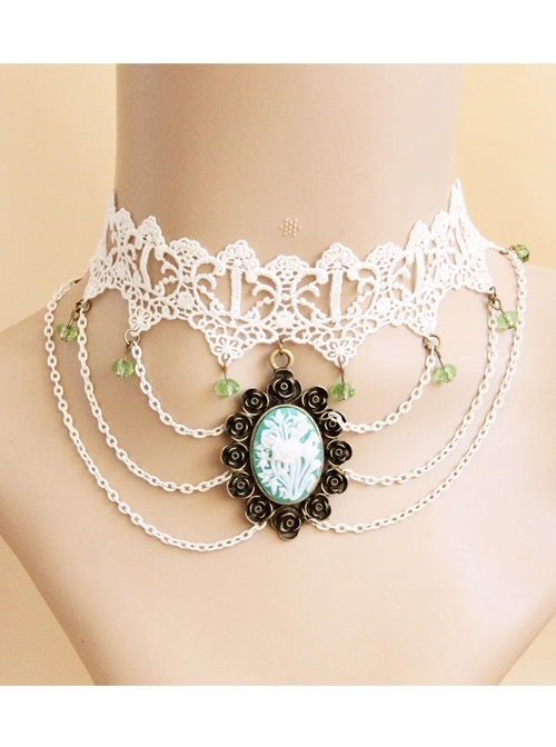 Fashion Retro Bride Cute Rose Flower White Lace Tassel Green Crystal Female Choker
