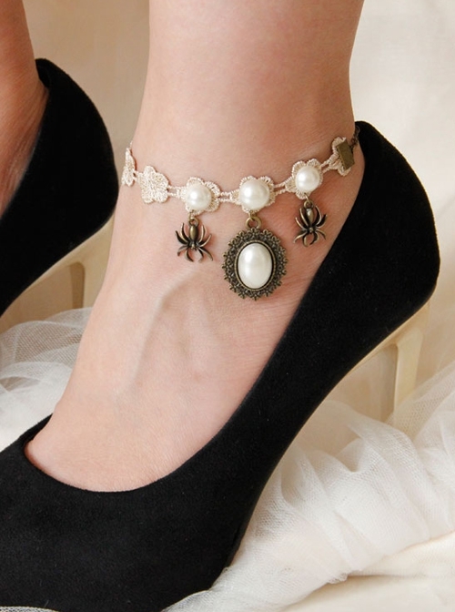 Fashion Simple Retro White Lace Pearl Spider Handmade Female Anklet