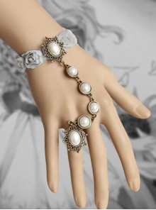 Fashion Lady White Pearl Grey Rose Flower Lace Female Retro Band Ring Bracelet