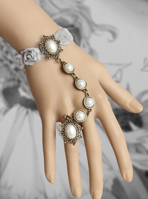 Fashion Lady White Pearl Grey Rose Flower Lace Female Retro Band Ring Bracelet
