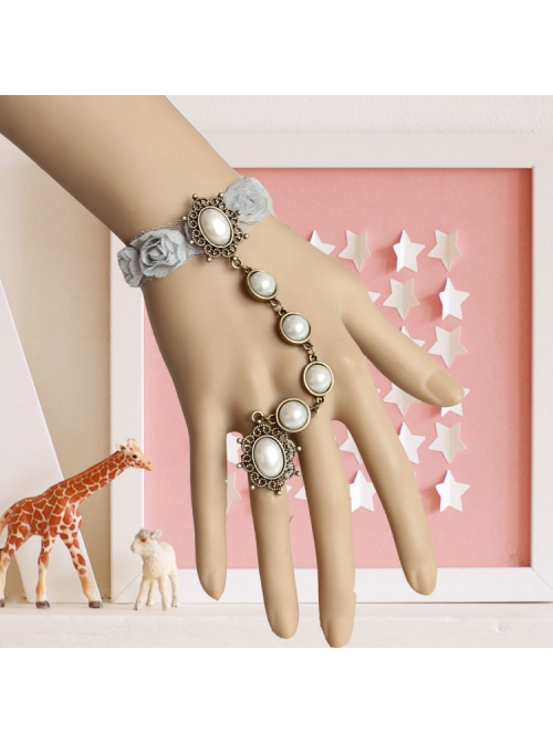 Fashion Lady White Pearl Grey Rose Flower Lace Female Retro Band Ring Bracelet