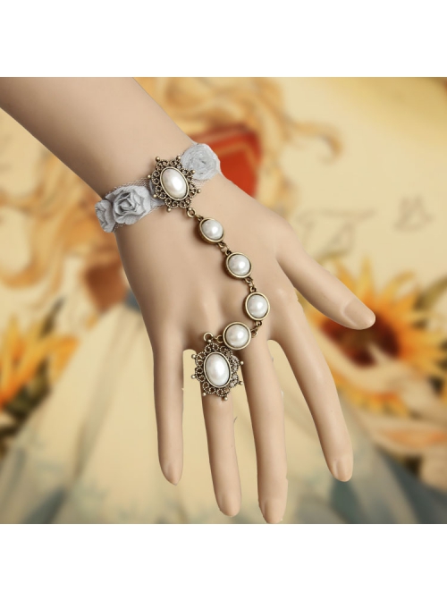 Fashion Lady White Pearl Grey Rose Flower Lace Female Retro Band Ring Bracelet
