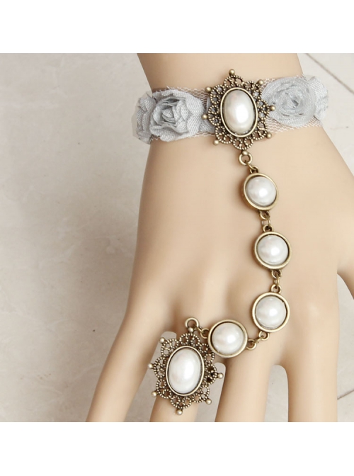 Fashion Lady White Pearl Grey Rose Flower Lace Female Retro Band Ring Bracelet