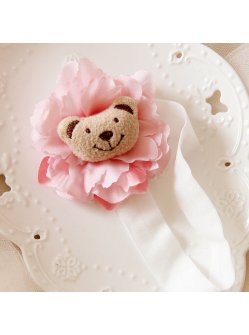 Fashion Holiday Birthday Pink Flowers Beige Bear Cute Baby Female Baby Headband