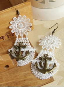 Fashion Elegant Retro Long White Lace Navy Style Anchor Female Earrings