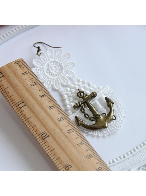 Fashion Elegant Retro Long White Lace Navy Style Anchor Female Earrings
