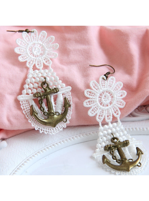 Fashion Elegant Retro Long White Lace Navy Style Anchor Female Earrings