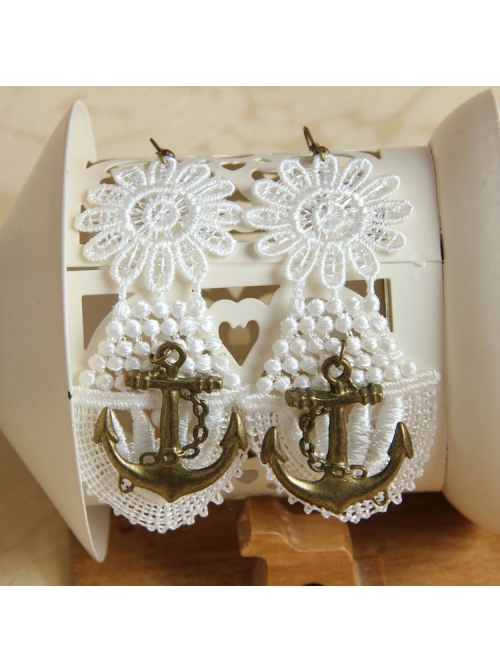 Fashion Elegant Retro Long White Lace Navy Style Anchor Female Earrings