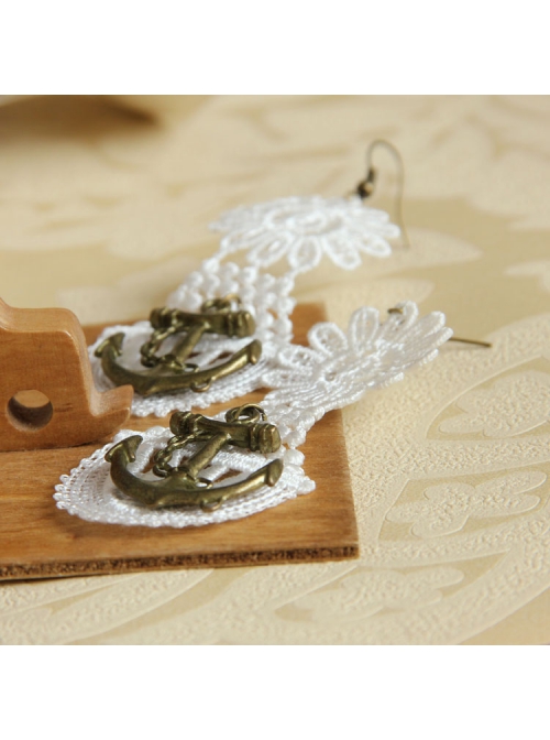 Fashion Elegant Retro Long White Lace Navy Style Anchor Female Earrings