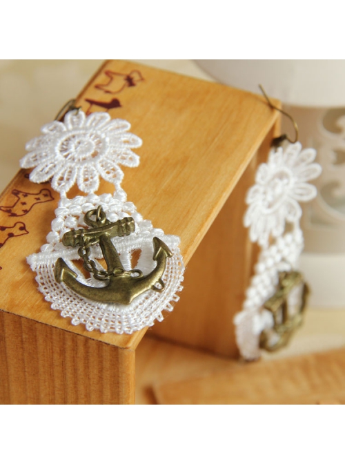 Fashion Elegant Retro Long White Lace Navy Style Anchor Female Earrings