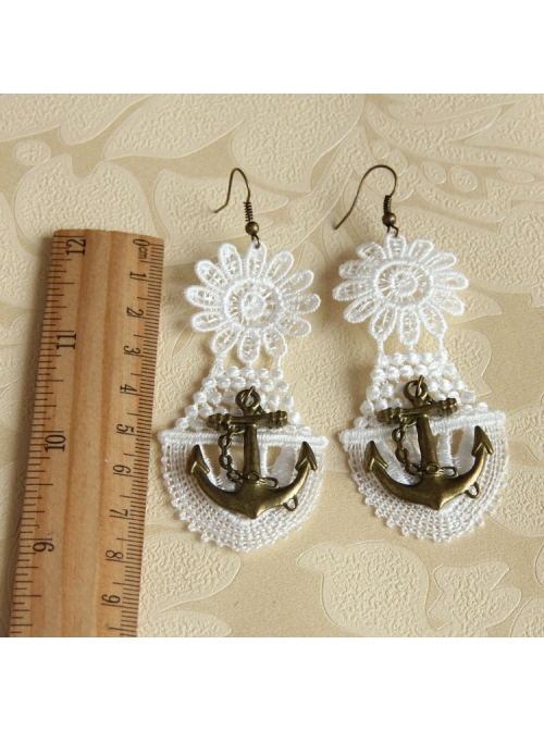 Fashion Elegant Retro Long White Lace Navy Style Anchor Female Earrings