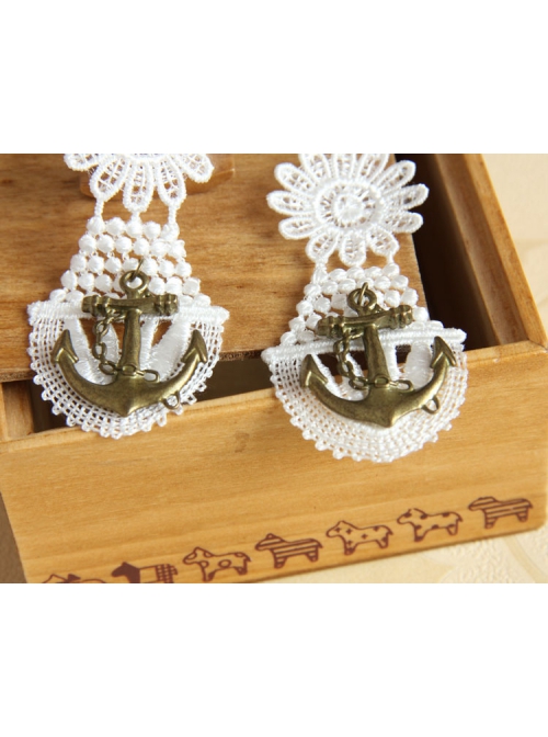 Fashion Elegant Retro Long White Lace Navy Style Anchor Female Earrings